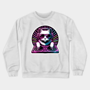 DJ Cat Vinyl Retro Scratching Rap Music Lover Turn Tables Crewneck Sweatshirt